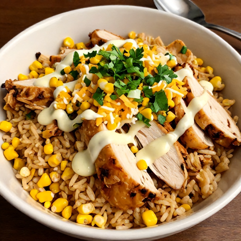 Plated street corn chicken rice bowl with crispy corn, juicy chicken, and creamy lime sauce