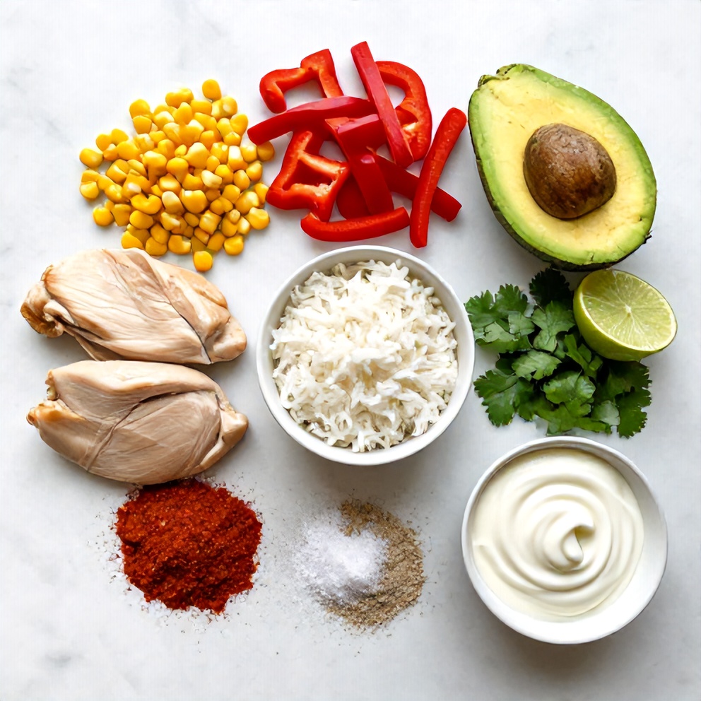 Raw ingredients for street corn chicken rice bowl: chicken, corn, bell peppers, avocado, lime, cilantro