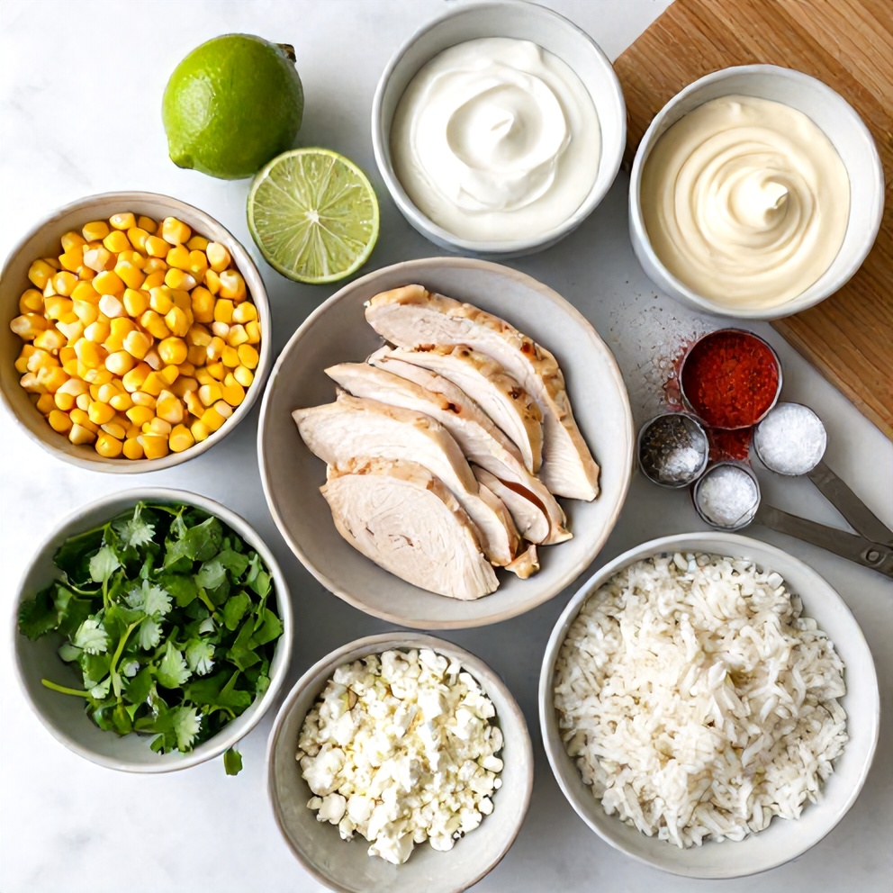 Raw ingredients for street corn chicken rice bowl: chicken, corn, lime, cilantro, etc.