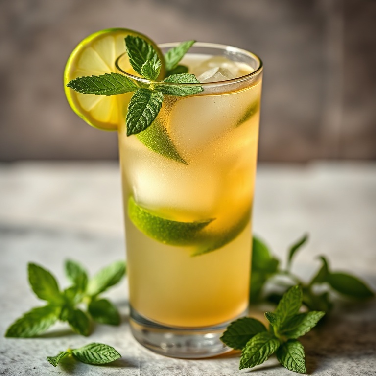 A glass of agua de jamaica with a lime wedge and mint. Warm side lighting. Bright, clear texture. Photorealistic style.
