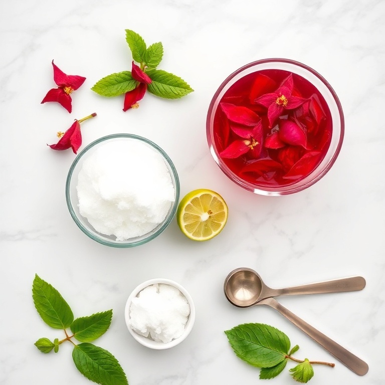 Overhead flat lay of hibiscus flowers, sugar, lime, ice, and a glass. White marble surface. Bright even light.