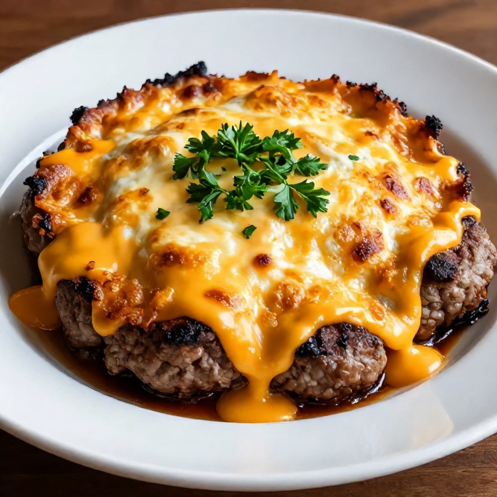 Plated Amish hamburger steak bake with cheddar cheese