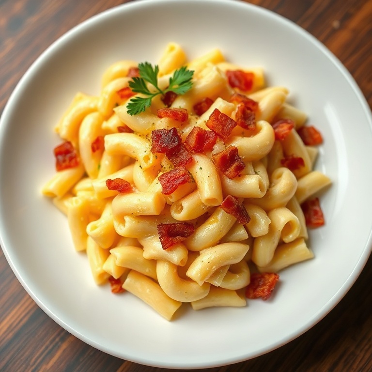 One serving of bacon mac and cheese scooped into a deep white bowl, garnished with fresh parsley and bacon. Warm side lighting brings out creamy and crispy textures.