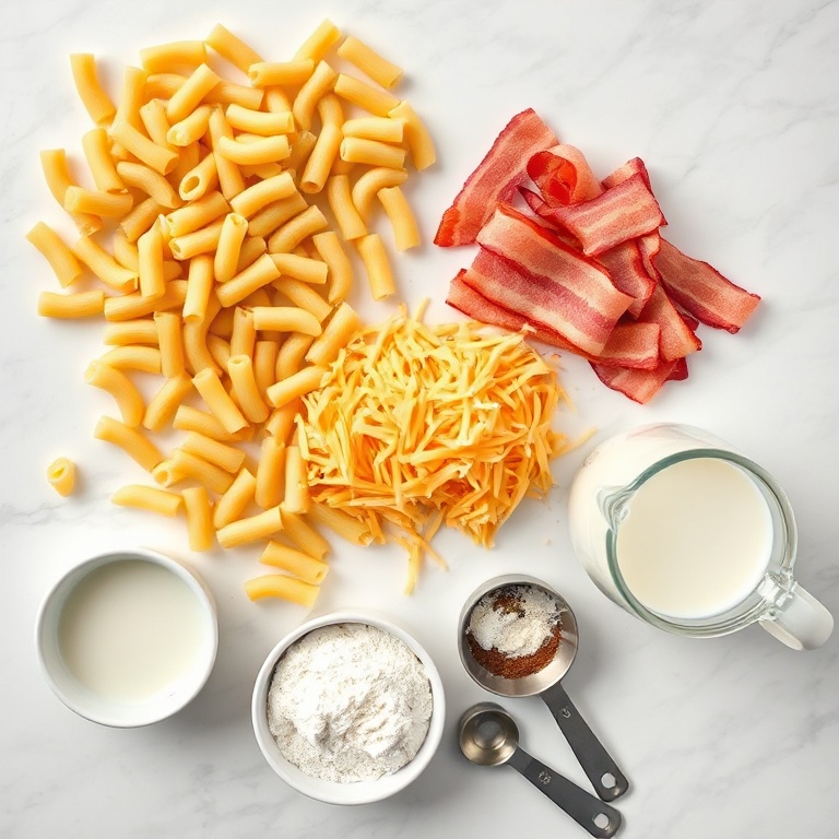 Flat lay of raw elbow macaroni, sliced bacon, cheddar cheese, milk, and butter arranged with prep bowls, measuring spoons, and cups. Bright natural light on a white marble surface.