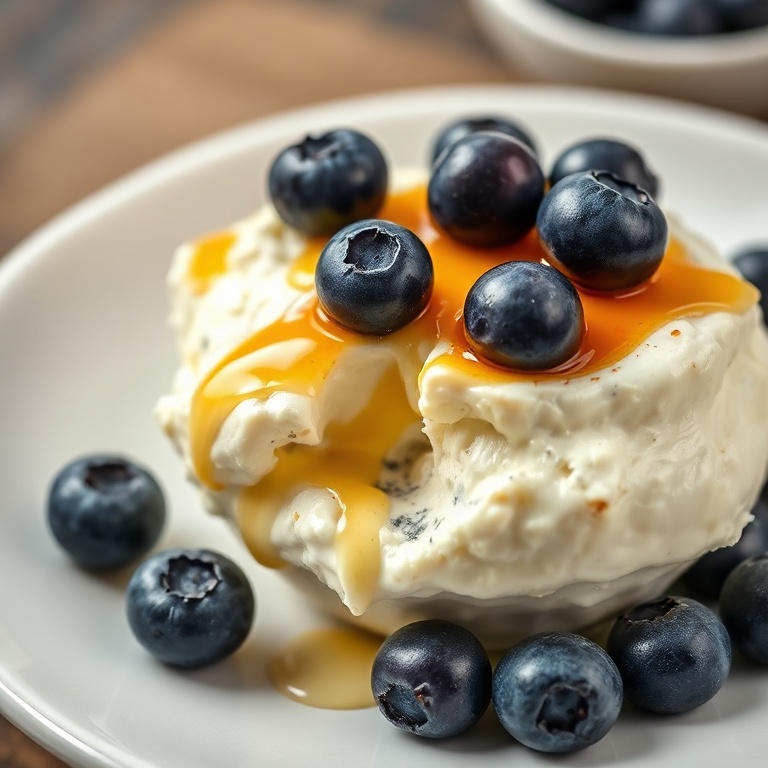 Plated blueberry cottage cheese bowls with fresh blueberries and a drizzle of honey. A white ceramic bowl with a close-up shot.