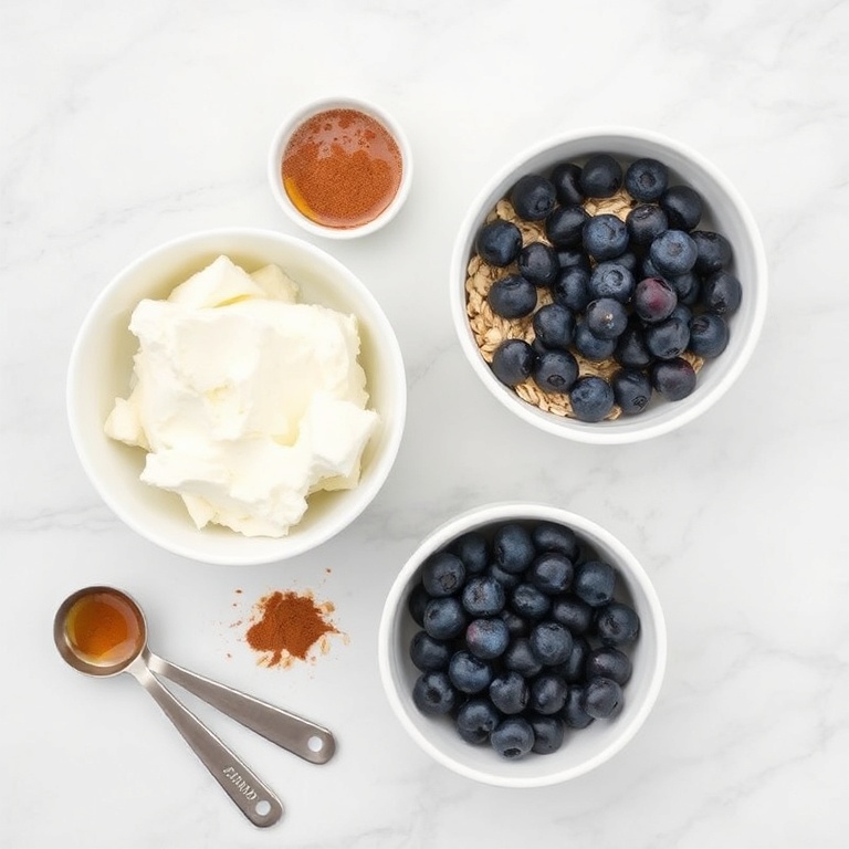 Raw ingredients for blueberry cottage cheese bowls: cottage cheese, blueberries, oats, honey, and cinnamon arranged in a flat lay.