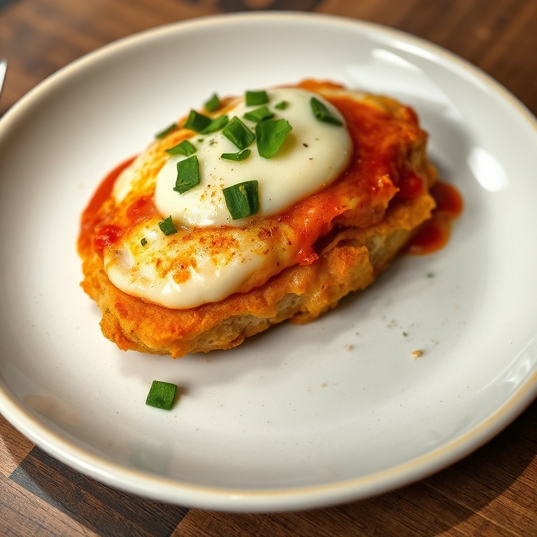 One serving of baked chicken parmesan topped with melty mozzarella and fresh basil, on a shallow white plate with warm light showing crispy coating.