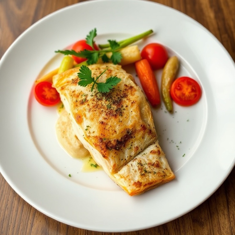Perfectly plated baked fish with fresh veggies. Garnished with parsley. White porcelain plate with warm side lighting. Sharp texture details. No text or watermark.