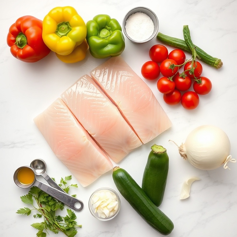 Raw ingredients for baked fish and veggies. Fresh fish fillets, bell peppers, zucchini, cherry tomatoes, and onions. Measuring spoons and bowls on a white marble surface. Bright even light.