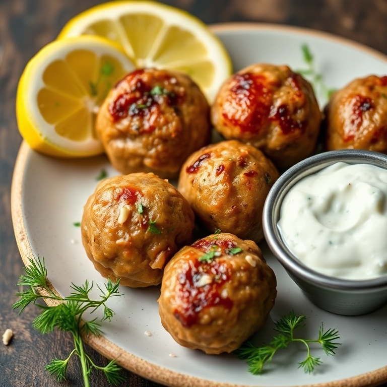 Perfectly plated meatballs with tzatziki sauce. Fresh dill and lemon wedges on the side.