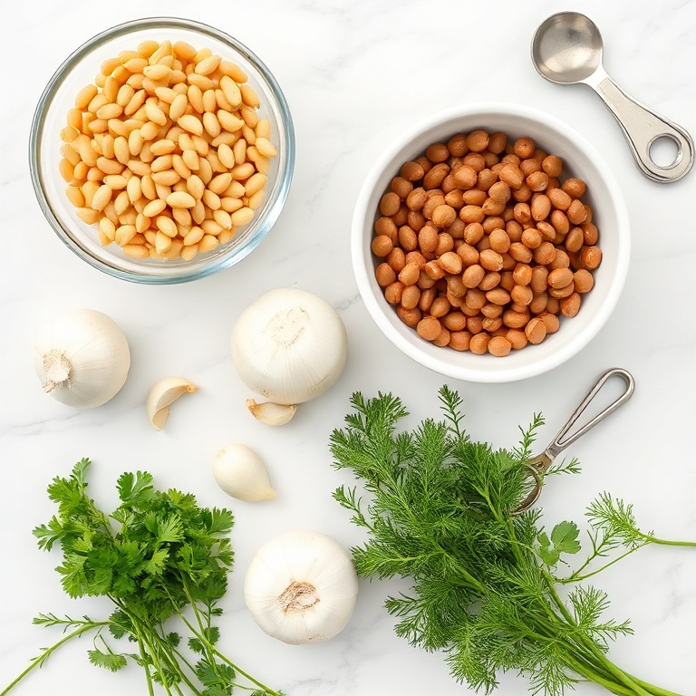 Lentils, onion, garlic, parsley, and dill arranged in a flat lay. Measuring cups and bowls nearby.