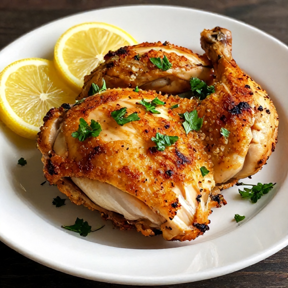 Plated serving of baked lemon pepper chicken with lemon slices and parsley garnish