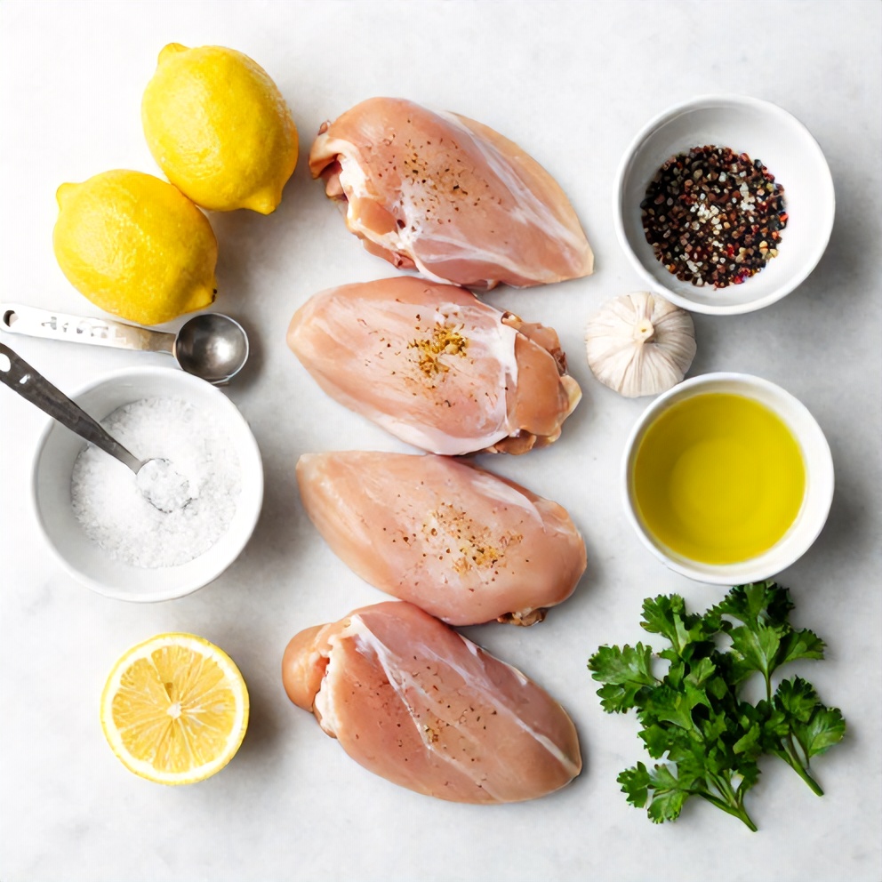Raw ingredients for lemon pepper chicken: chicken breasts, lemons, pepper, garlic, olive oil, salt, and parsley