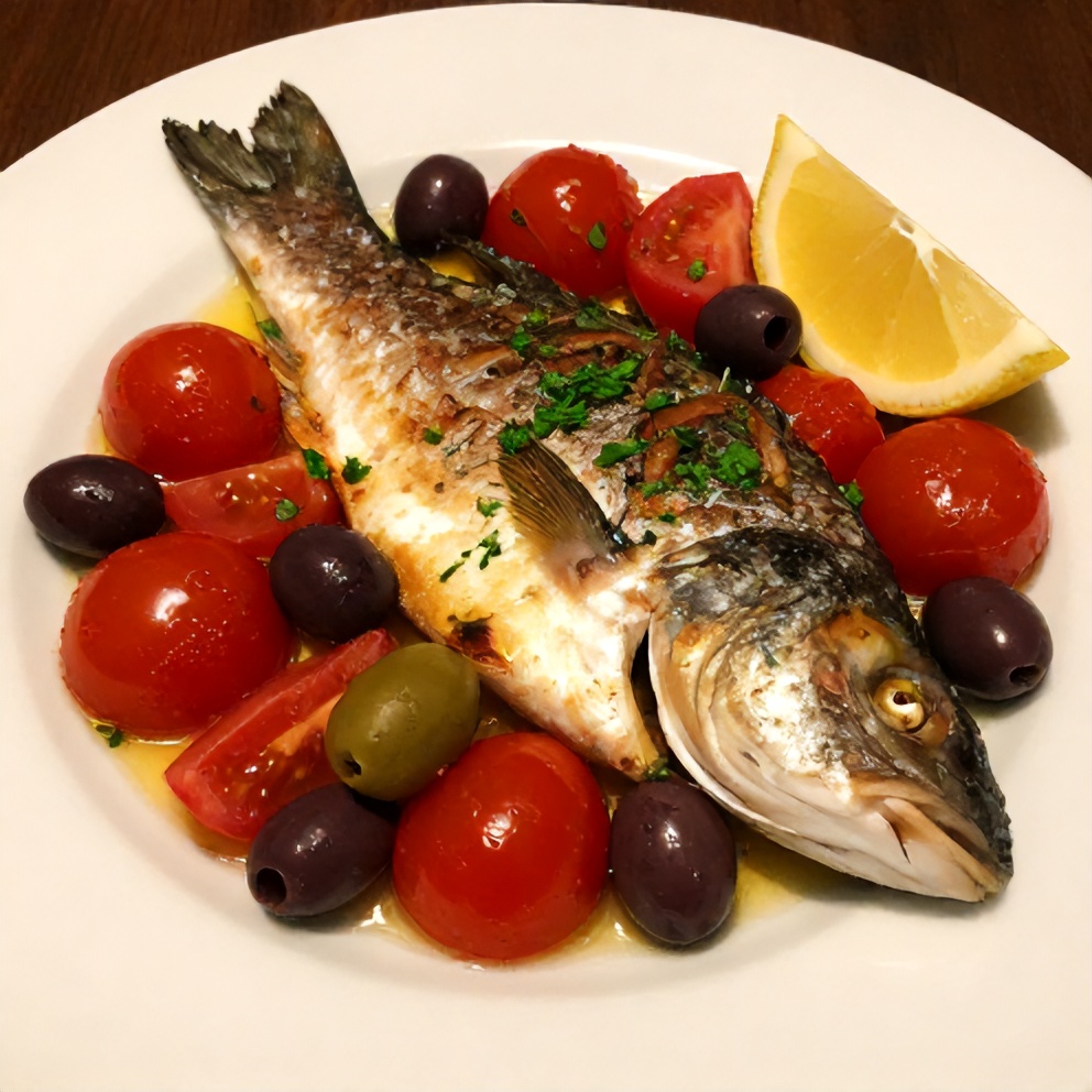 Plated Baked Sea Bass with Olives and Cherry Tomatoes