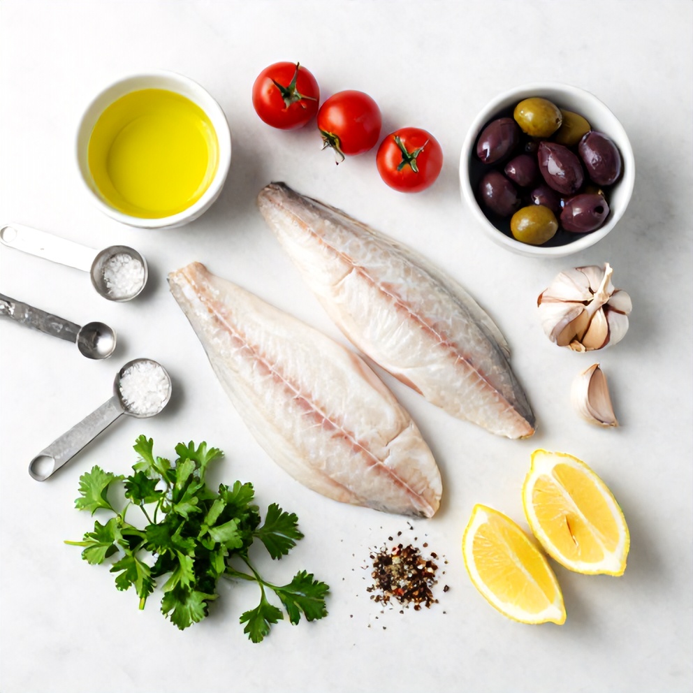 Raw Ingredients for Baked Sea Bass with Olives and Tomatoes