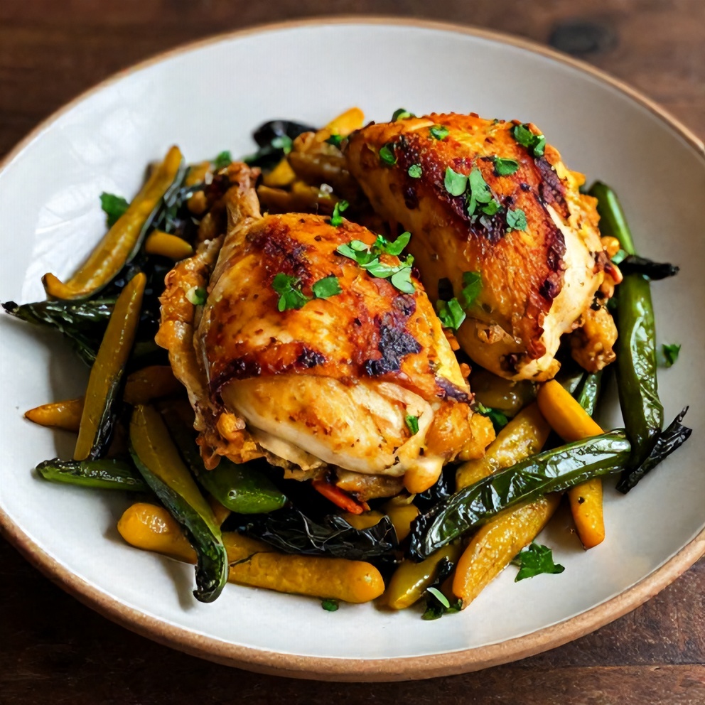 Plated baked turmeric chicken with spring vegetables