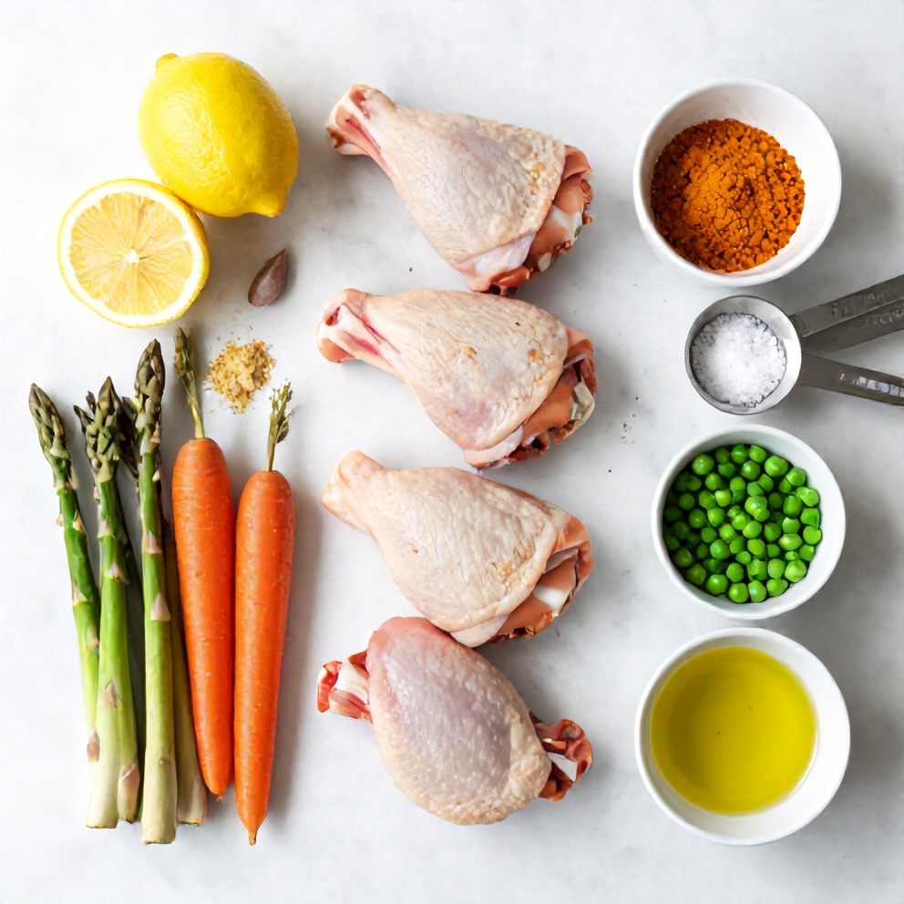 Raw ingredients for baked turmeric chicken with spring vegetables