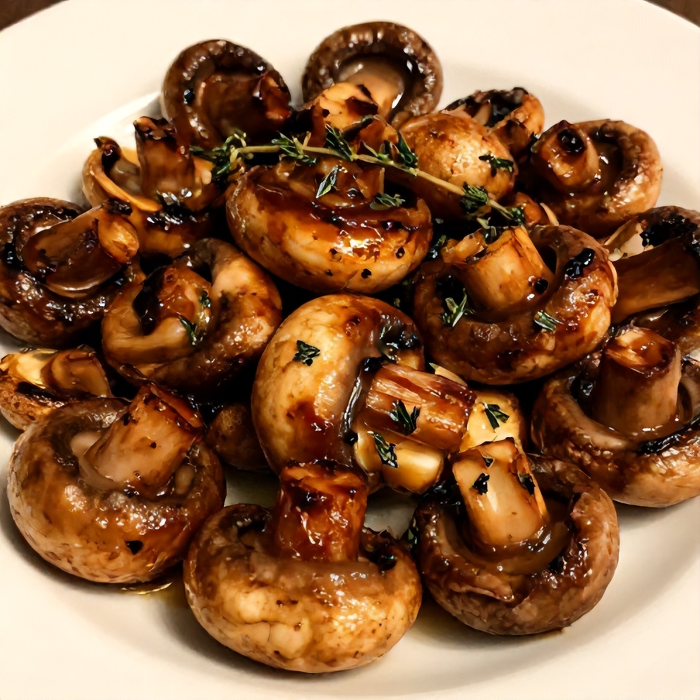 Plated serving of balsamic roasted garlic mushrooms, garnished with fresh thyme
