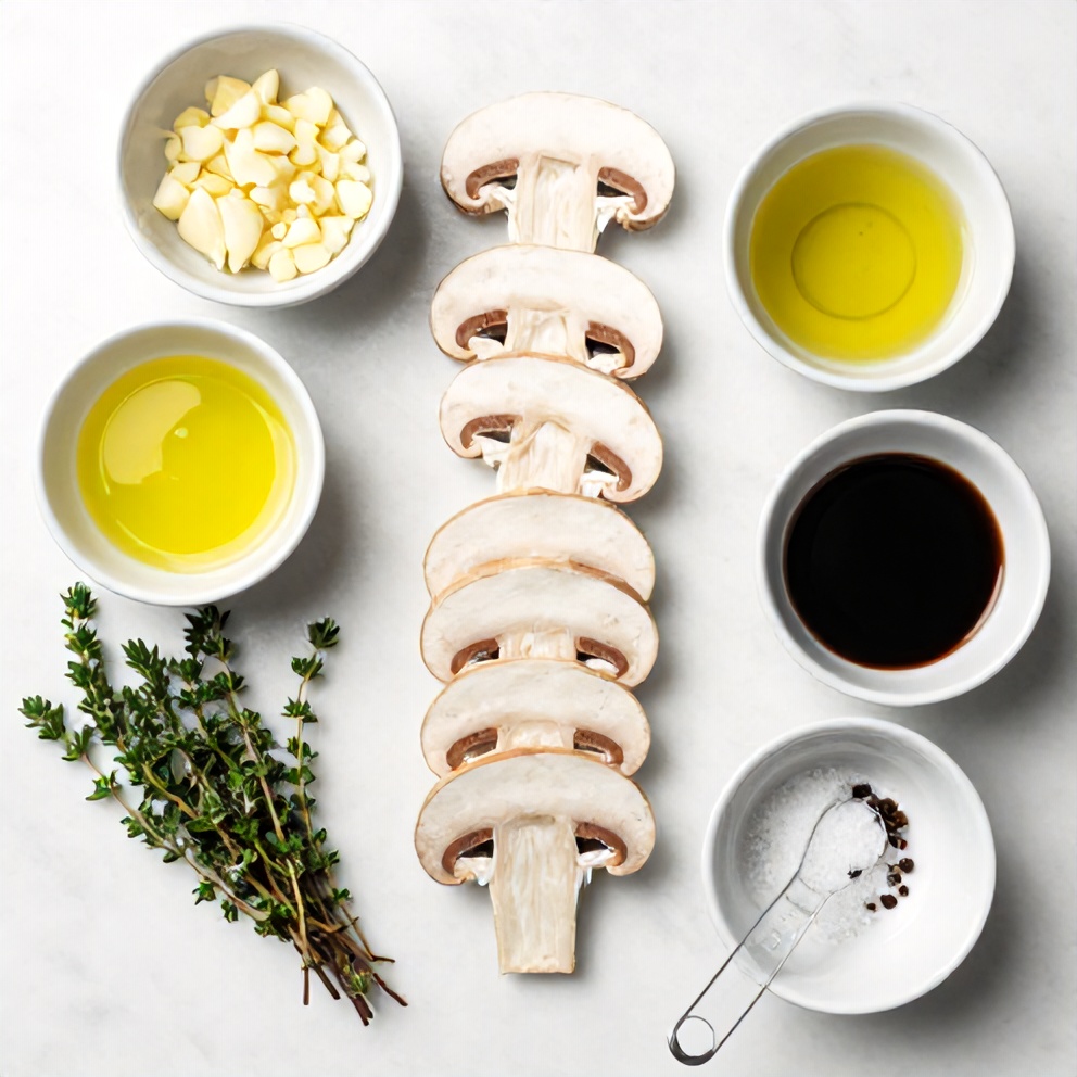 Raw ingredients for balsamic roasted garlic mushrooms: mushrooms, garlic, olive oil, balsamic vinegar, salt, pepper, and fresh thyme