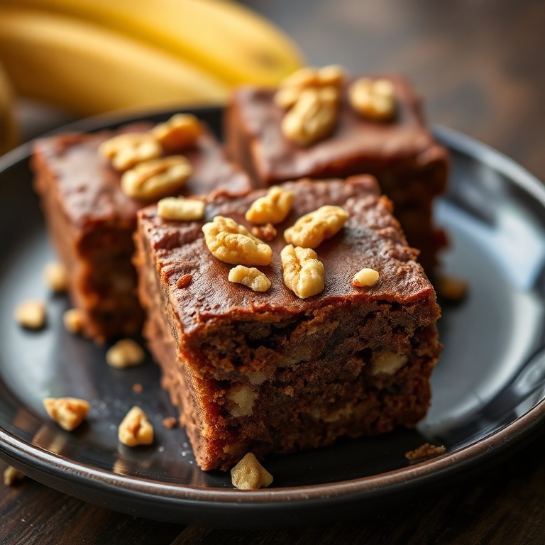 Perfectly plated banana bread brownies with a sprinkle of walnuts. Close crop showing texture. Dark ceramic plate. Warm side lighting. Photorealistic food photography style.