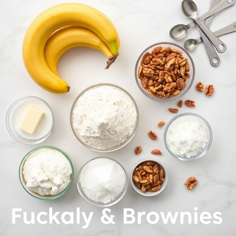 Overhead flat lay of all raw ingredients for banana bread brownies. Bananas, flour, butter, sugar, walnuts visible. Measuring cups, spoons, and bowls in the background. Bright even light. White marble surface.