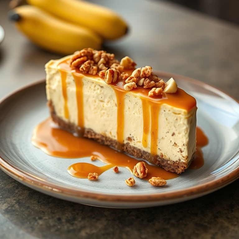 Perfectly plated banana caramel nut cheesecake with caramel drizzle and crushed nuts, ceramic plate, warm side lighting, photorealistic food photography
