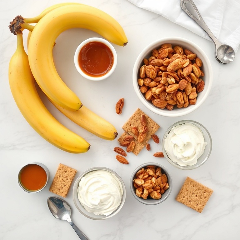Bananas, caramel, nuts, cream cheese, graham crackers arranged in an overhead flat lay, measuring spoons and cups visible, white marble surface, bright even light
