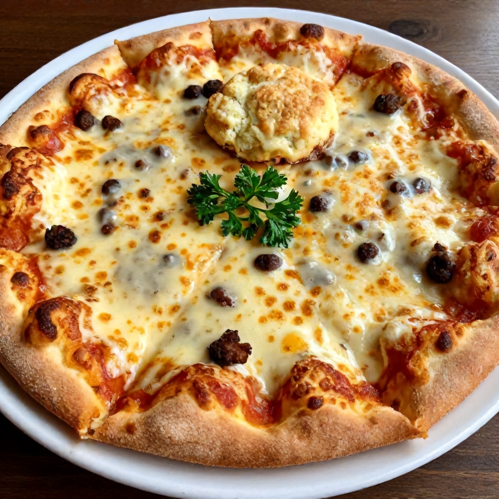 Finished breakfast pizza with sausage gravy and biscuits