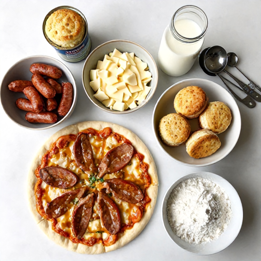 Raw ingredients for breakfast pizza with sausage gravy and biscuits