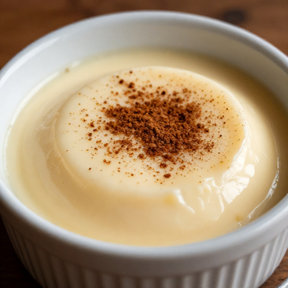 Served Brazilian Coconut Pudding with a sprinkle of cinnamon