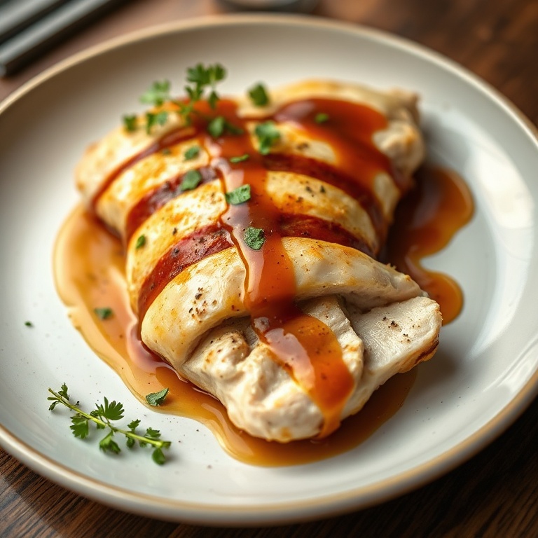 Plated butterflied chicken with a drizzle of sauce. Garnished with herbs. Close-up of the plate. Warm side lighting. Photorealistic food photography style.