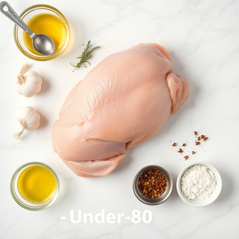 Fresh chicken, garlic, olive oil, salt, pepper. Overhead flat lay of the raw ingredients. Measuring spoons and bowls visible. White marble surface. Bright even light. Photorealistic food photography style.