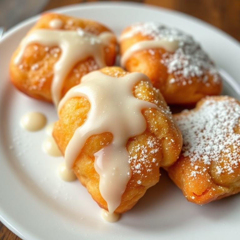 Perfectly plated buttermilk glazed beignets with a drizzle of glaze and a sprinkle of powdered sugar. Served on a white porcelain plate.