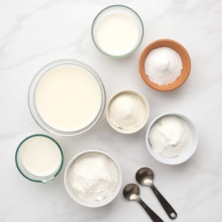 All raw ingredients for buttermilk glazed beignets. Flour, buttermilk, sugar, baking powder, and yeast visible in a flat lay. Measuring cups and spoons nearby.