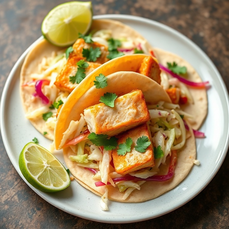 Perfect plated serving of cabbage slaw with fresh fish tacos. Garnished with lime and cilantro. Plate shows vibrant colors and texture.
