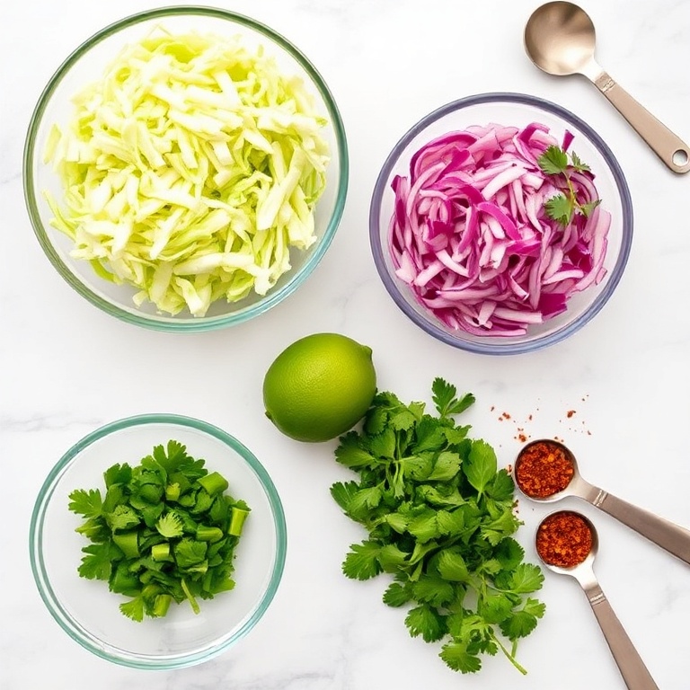 All raw ingredients for Easy Cabbage Slaw. Shredded green cabbage, red onion, lime, cilantro, and chili flakes. Measuring spoons and bowls visible.
