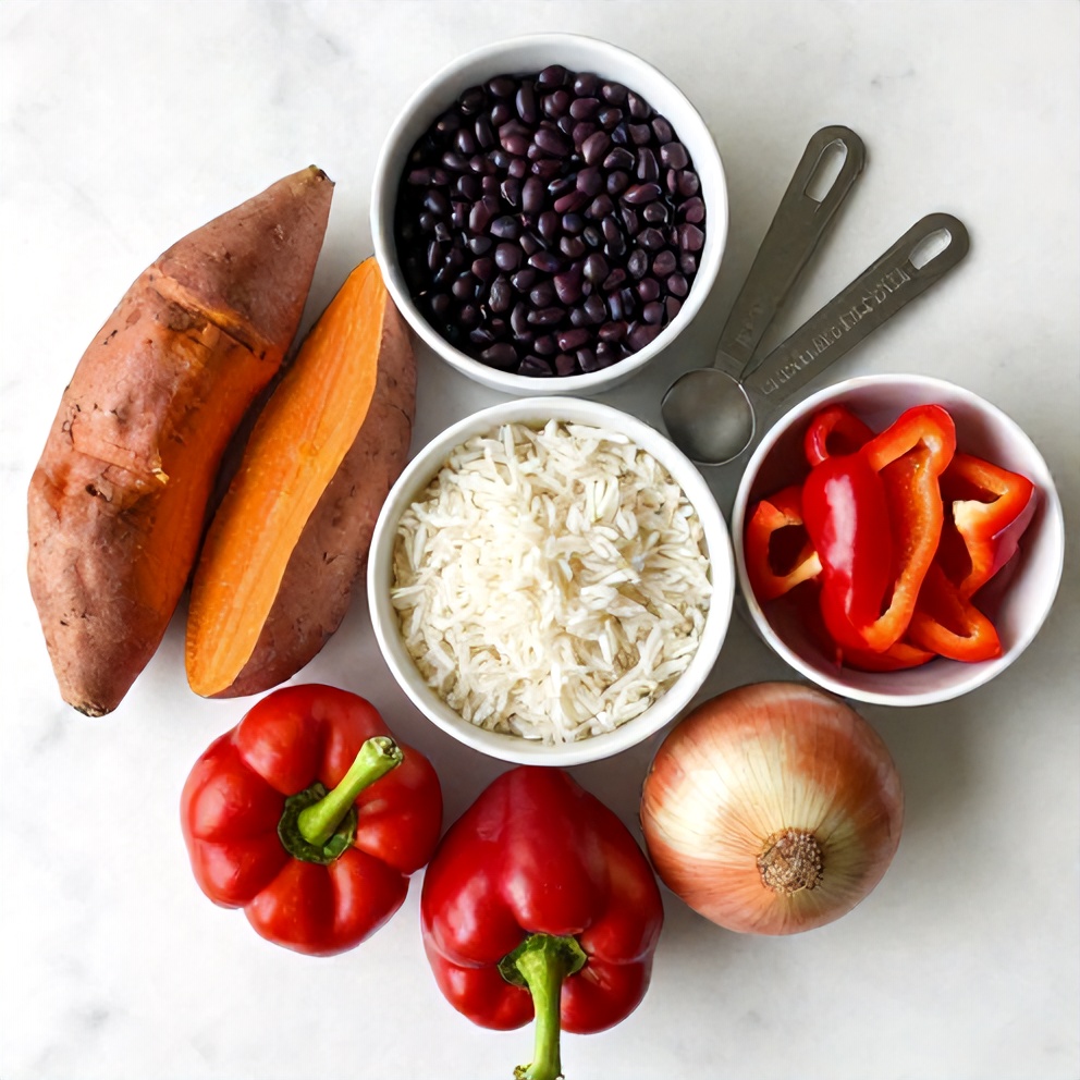 Ingredients for Easy Cajun Sweet Potato Rice Bowl with Black Beans