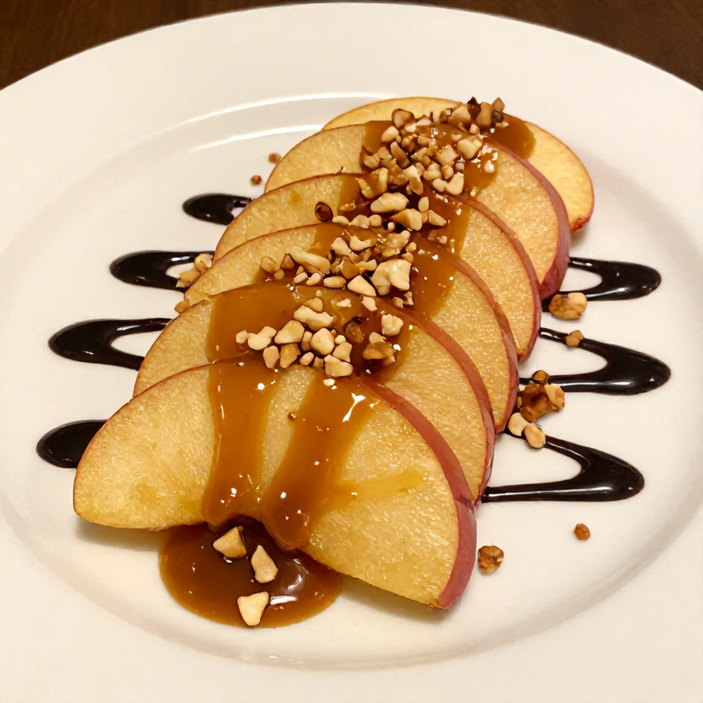 Plated caramel apple slices with a sprinkle of chopped nuts