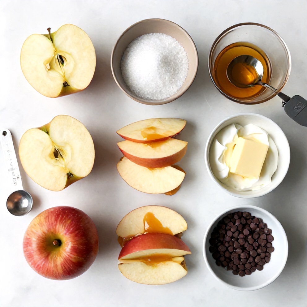 Raw ingredients for caramel apple slices laid out on a marble surface