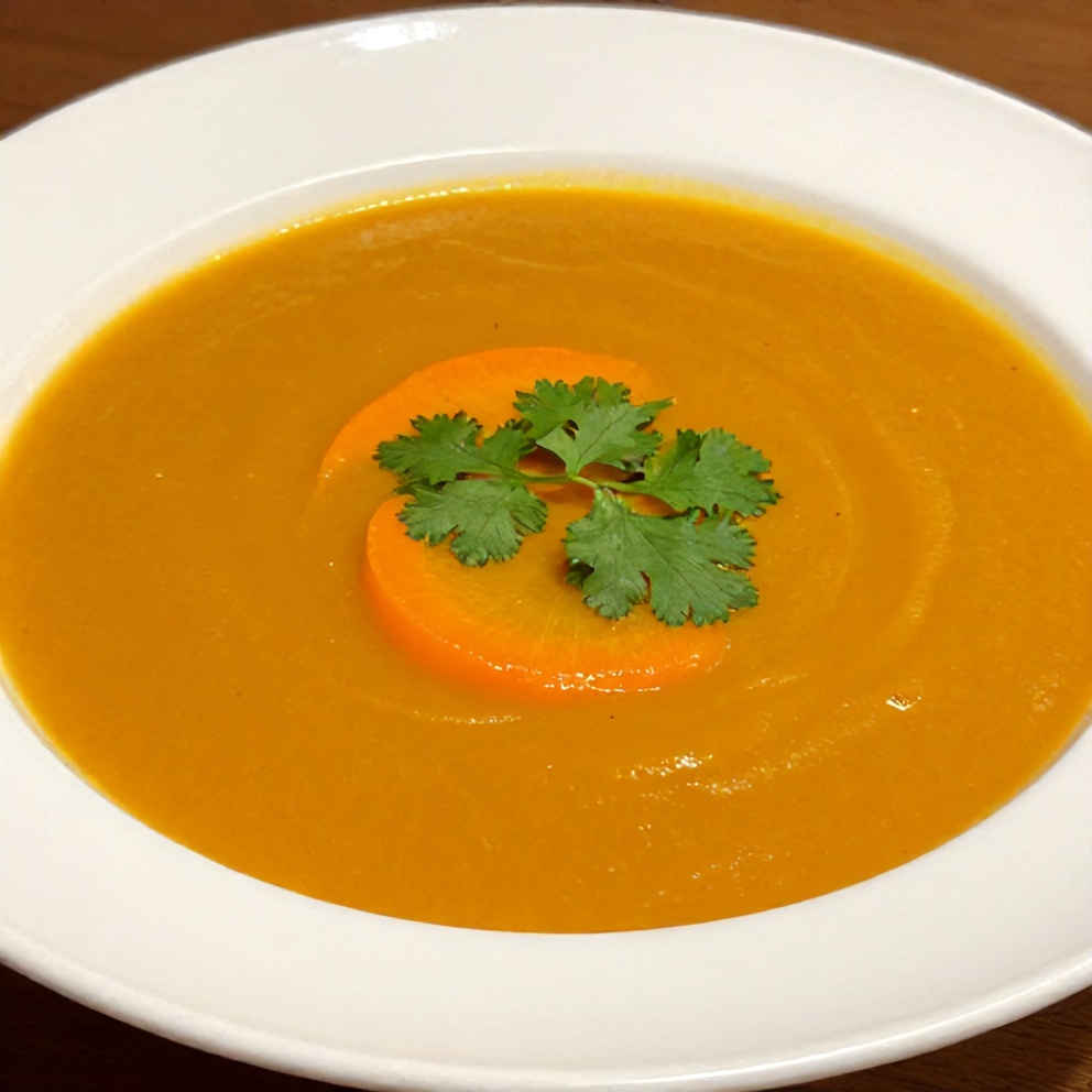 One perfect plated serving of carrot ginger soup in a white bowl, garnished with fresh cilantro. Close crop. Warm side lighting showing texture. No visible background.