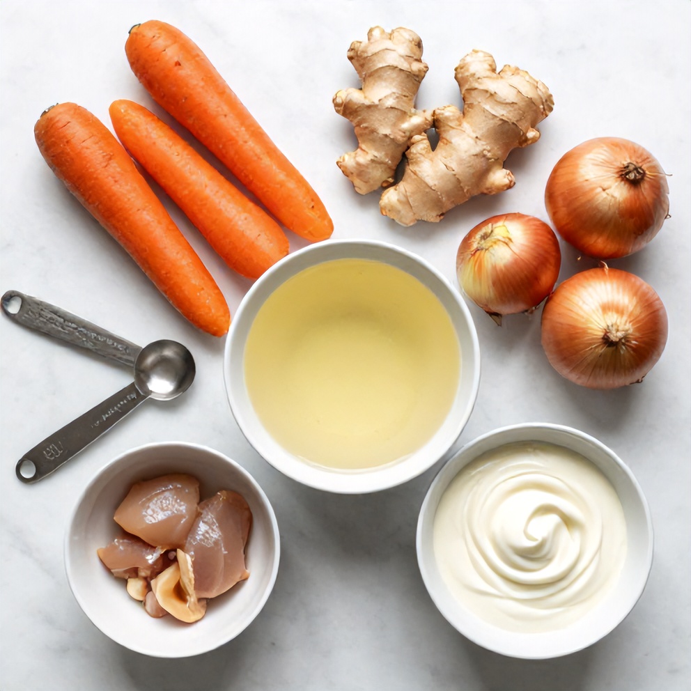Overhead flat lay of raw carrots, ginger, onions, chicken broth, and cream. Prep bowls and measuring spoons visible. White marble surface. Bright even light.