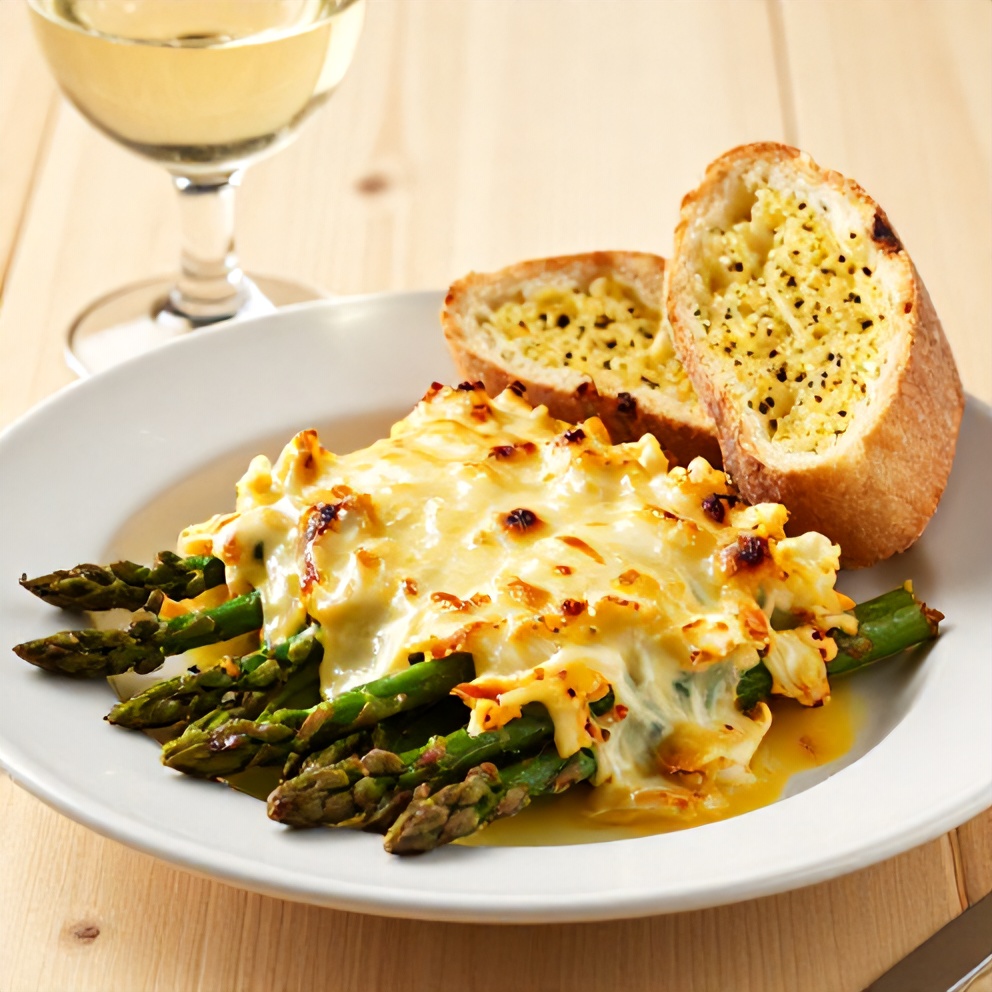 A serving of Cheesy Asparagus Casserole on a plate, with a side of garlic bread and a glass of white wine