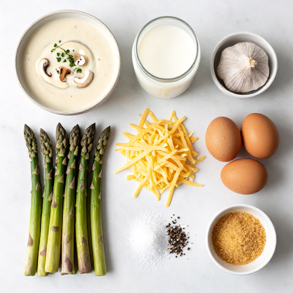 Raw ingredients for Asparagus Casserole: asparagus, cream of mushroom soup, milk, shredded cheese, eggs, salt, pepper, garlic powder, and breadcrumbs