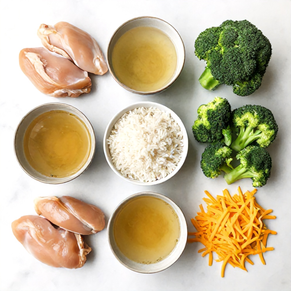 Raw Ingredients for Cheesy Broccoli Chicken and Rice Crockpot Dinner
