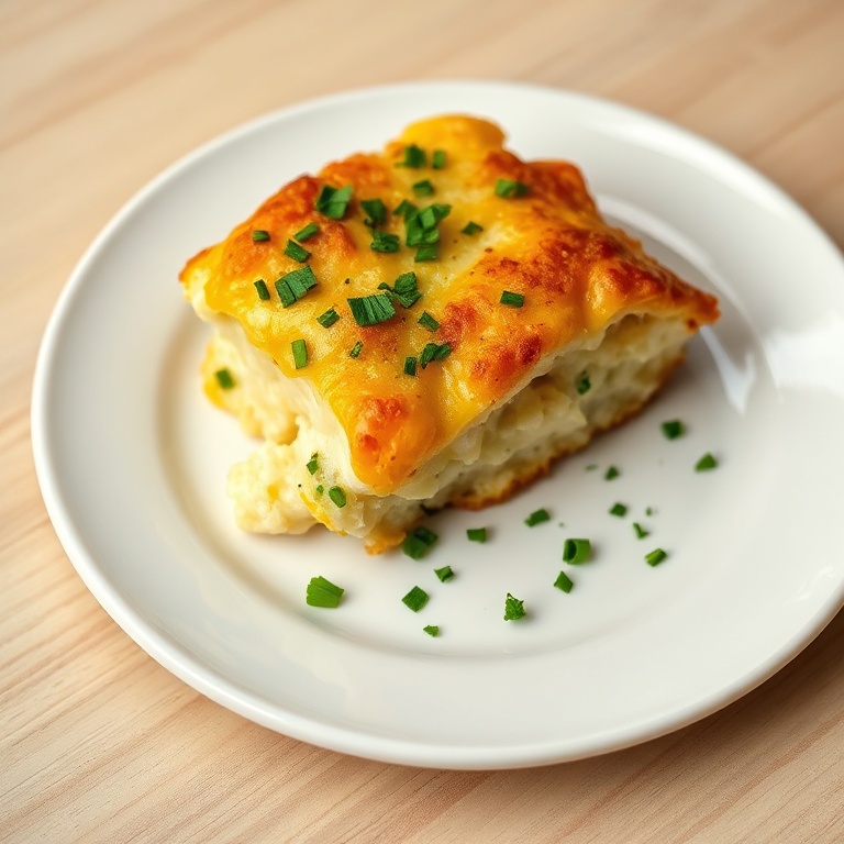One serving of cheesy cauliflower casserole with parsley garnish on a white plate, close-cropped to show melted cheese and toasty bits.