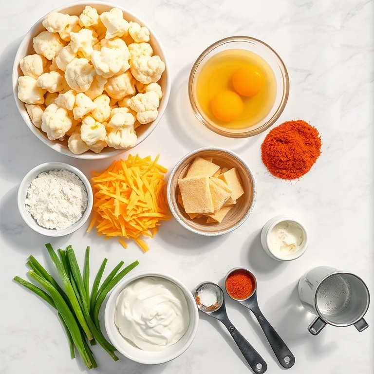 Overhead of raw cauliflower florets, shredded cheddar, eggs, sour cream, and green onions, with prep bowls and spoons on marble surface.