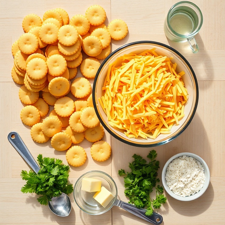 Overhead shot showing Ritz crackers, shredded cheddar cheese, garlic powder, melted butter, and parsley in prep bowls with measuring spoons.