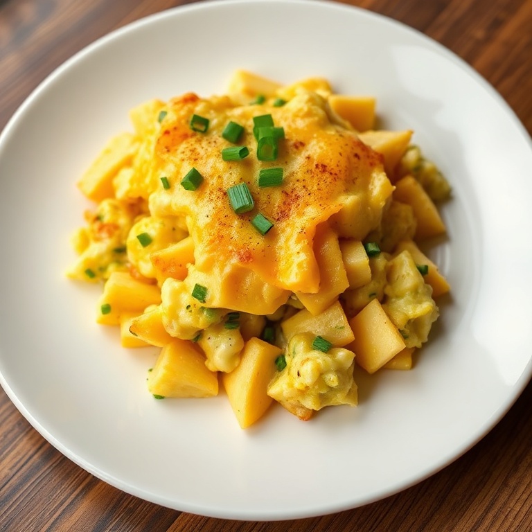 A plate of perfectly plated cheesy potato egg scramble. Topped with fresh chives. White ceramic plate. Warm side lighting showing texture. Photorealistic food photography style, no text, no watermark.