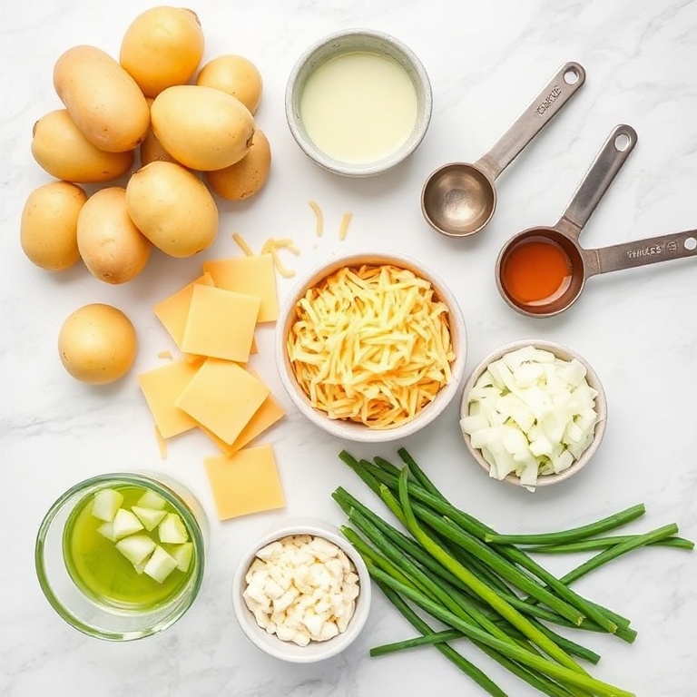 Raw ingredients for easy cheesy potato egg scramble. Potatoes, eggs, cheese, onions, and green onions arranged in a flat lay. Measuring spoons and bowls visible. White marble surface. Bright even light. Photorealistic overhead food photography style, no text, no watermark.