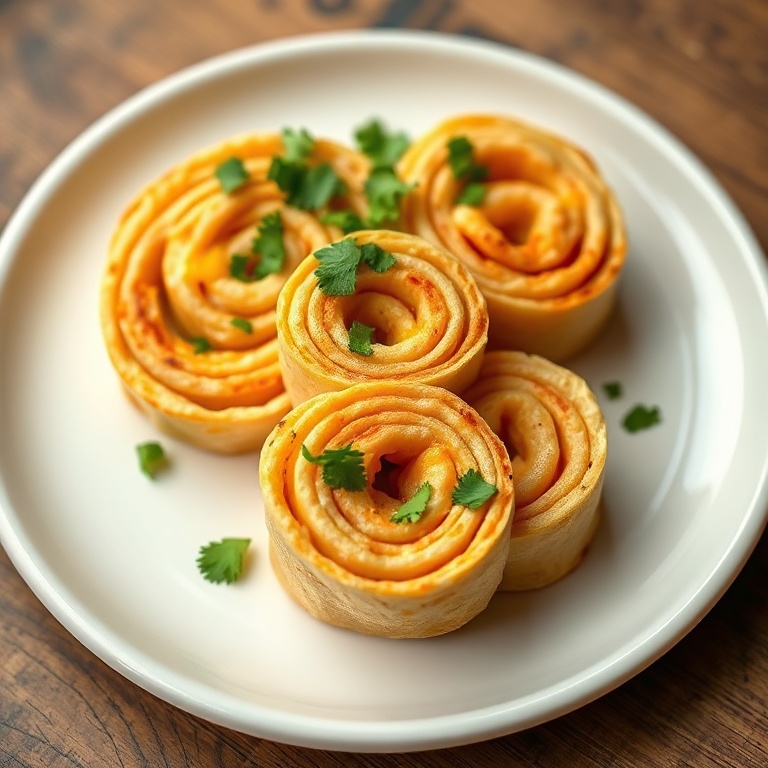 One serving of easy cheesy taco pinwheels plated with chopped cilantro garnish, close crop on a white round plate.